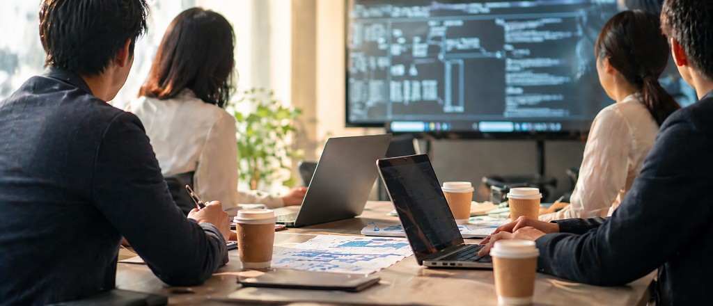 会議室で大画面のコード表示を前に、チームが協働するオフィスでの打ち合わせの様子